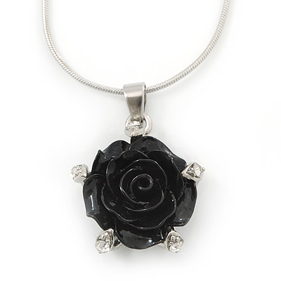 Black Acrylic Rose Pendant With Silver Tone Snake Chain - 40cm Length/ 5cm Extension - main view