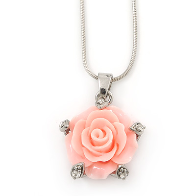 Pink Acrylic Rose Pendant With Silver Tone Snake Chain - 40cm Length/ 5cm Extension - main view