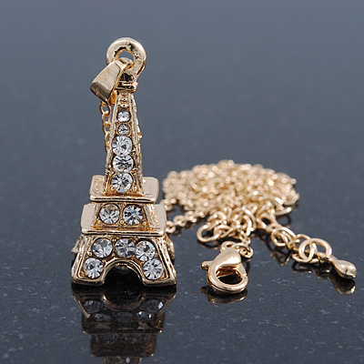 Crystal Eiffel Tower Pendant With Gold Tone Chain - 40cm Length/ 5cm Extension