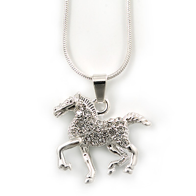 Silver Tone Clear Crystal 'Horse' Pendant With Snake Chain - 40cm Length/ 5cm Extension