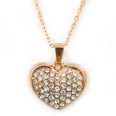 Pave Set Crystal Heart Pendant With Gold Tone Chain - 40cm Length