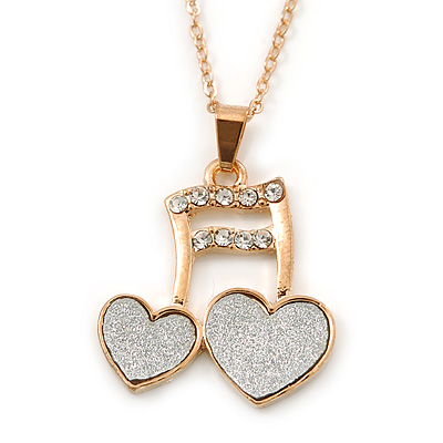 Crystal, Glittering Musical Note/ Double Heart Pendant With Gold Tone Chain - 42cm Length - main view