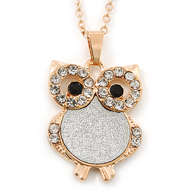 Crystal, Glittering Owl Pendant With Gold Tone Chain - 42cm Length