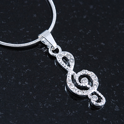Small Crystal Treble Clef Pendant With Silver Tone Snake Chain - 40cm Length/ 4cm Extension
