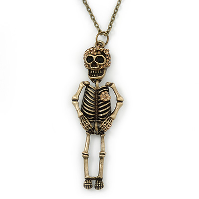 Crystal Skeleton Pendant With Long Bronze Tone Chain - 80cm Length - main view