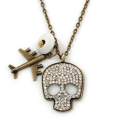 Crystal Skull, Plane Pendant With Long Bronze Tone Chain - 80cm L