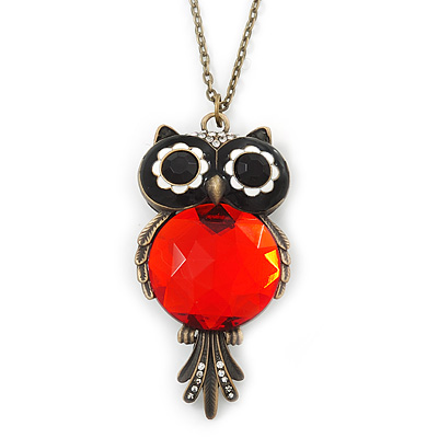 Vintage Inspired Black, Red Owl Pendant With Long Bronze Tone Chain - 80cm Length
