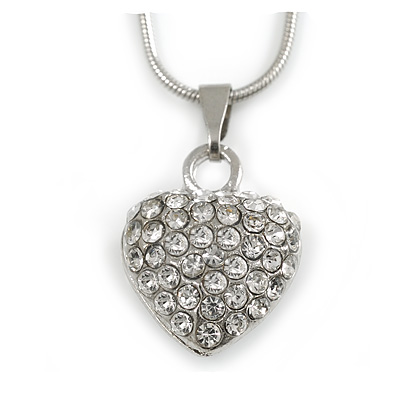 Silver Tone Crystal Heart Pendant With Snake Chain - 38cm Length/ 6cm Extension