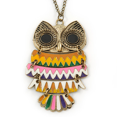 Oversized Multicoloured Enamel Owl Pendant with Long Burnt Gold Chain - 74cm L - main view