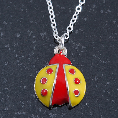 Children's/ Teen's / Kid's Yellow, Red Enamel Ladybug Pendant With Silver Tone Chain - 38cm L