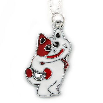 Children's/ Teen's / Kid's Red, White Enamel Cat Pendant With Silver Tone Chain - 38cm L