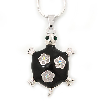 Black Enamel, Crystal Turtle Pendant With Silver Tone Snake Type Chain - 42cm L