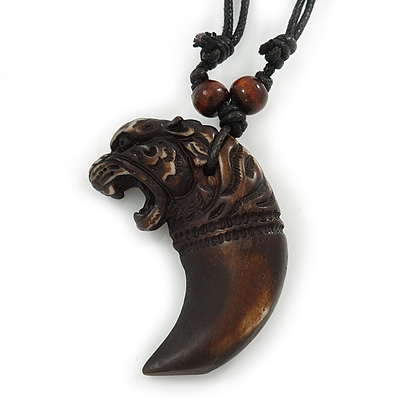 Unisex Acrylic Dark Brown Roaring Tiger Claw Pendant With Black Waxed Cotton Cord - Adjustable - 40cm Min