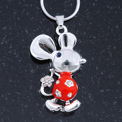 Cute Crystal Mouse Pendant With Silver Tone Snake Type Chain - 40cm L/ 5cm Ext