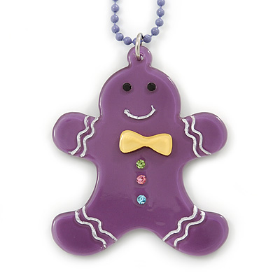 Purple Acrylic Gingerbread Pendant With Lilac Beaded Chain - 44cm L