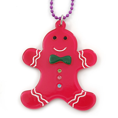 Deep Pink Acrylic Gingerbread Pendant With Magenta Beaded Chain - 44cm L - main view