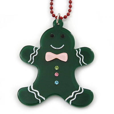 Dark Green Acrylic Gingerbread Pendant With Burgundy Beaded Chain - 44cm L