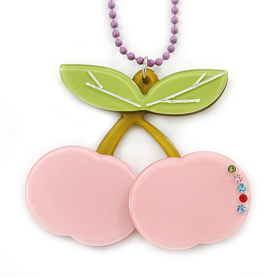 Baby Pink/ Light Green Acrylic Cherry Pendant With Lavender Beaded Chain - 44cm L