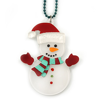 White/ Red Christmas Snowman Acrylic Pendant With Green Beaded Chain - 44cm L