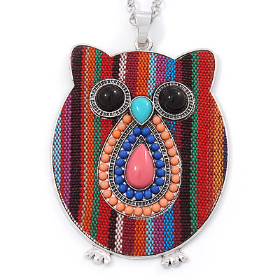 Funky Multicoloured Fabric with Acrylic Bead Owl Pendant, with Long Silver Tone Chain - 80cm L - main view