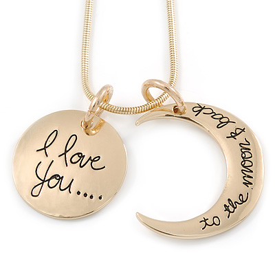 'I love you...to the moon & back' Inscription Gold Tone Double Sided Medallion & Moon Pendant and Chain - 40cm L/ 5cm Ext - main view