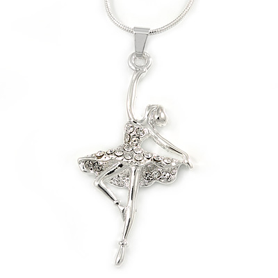 Clear Diamante Ballerina Pendant with Snake Style Chain In Silver Tone Metal - 44cm L/ 4cm Ext