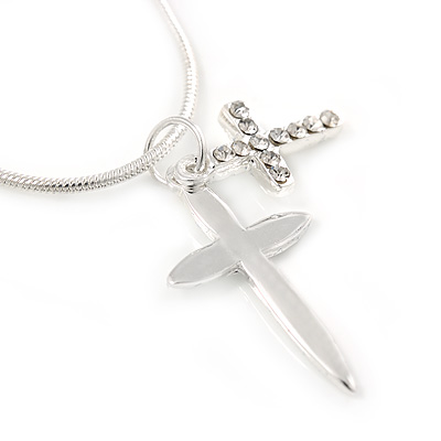 Silver Plated Double Cross Pendant with Snake Type Chain - 46cm L/ 4cm Ext