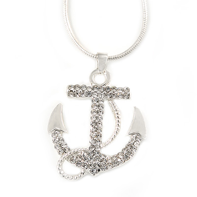 Clear Crystal Anchor Pendant with Snake Type Chain In Silver Tone Metal - 46cm L/ 4cm Ext