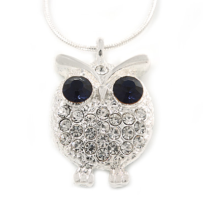 Clear/ Dark Blue Crystal Owl Pendant with Snake Type Chain In Silver Tone Metal - 46cm L/ 4cm Ext - main view
