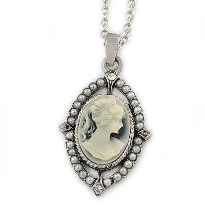 Vintage Inspired Simulated Pearl Cameo Pendant with Silver Tone Chain - 40cm L/ 7cm Ext