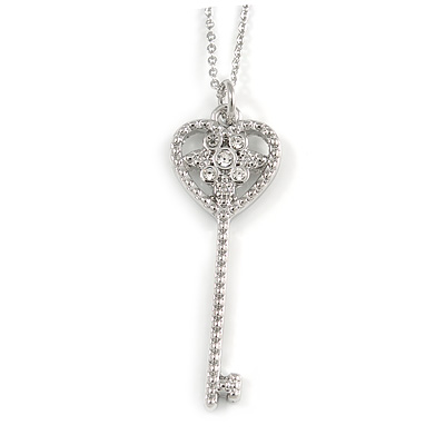 Stylish Crystal Key Pendant with Silver Tone Chain - 40cm L/ 5cm Ext