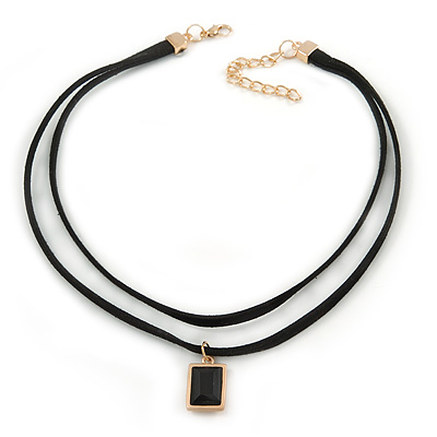 Black Double Black Faux Suede Cord Choker Necklace with Jet Black Square Glass Bead Pendant - 33cm L/ 5cm Ext
