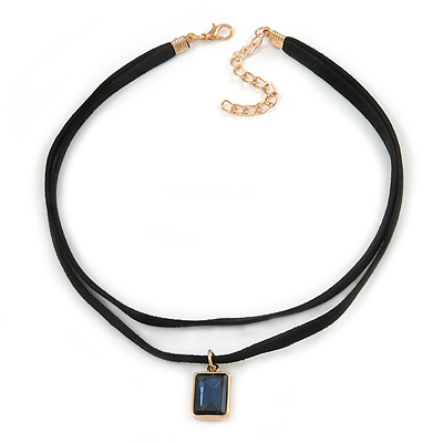 Black Double Black Faux Suede Cord Choker Necklace with Midnight Blue Square Glass Bead Pendant - 33cm L/ 5cm Ext