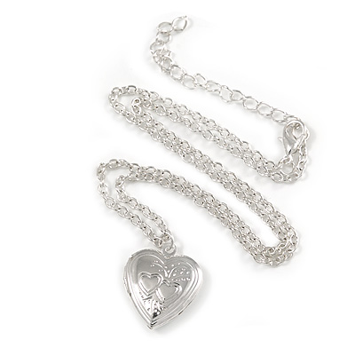 Small Silver Tone Heart with Double Heart Motif Locket Pendant - 40cm L/ 7cm Ext - main view