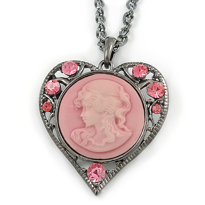Pink Crystal Cameo Heart Pendant with Chain In Gun Metal - 60cm L/ 5cm Ext