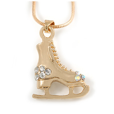 Small Crystal Ice Skating Boot Pendant with Snake Type Chain In Gold Tone - 40cm L/ 4cm Ext