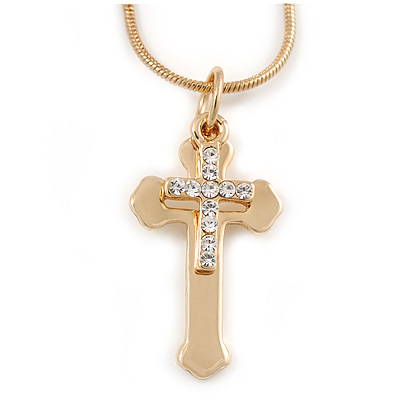 Gold Tone Crystal Double Cross Pendant with Snake Type Chain - 44cm L/ 5cm Ext