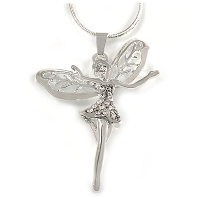 Crystal Fairy Pendant with Snake Style Chain In Silver Tone - 44cm L/ 4cm Ext