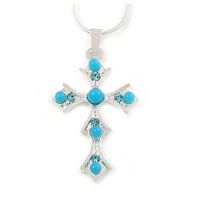 Light Blue Bead, Crystal Cross Pendant with Silver Tone Snake Type Chain - 44cm L/ 4cm Ext