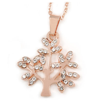 Small Crystal 'Tree Of Life' Pendant with Rose Gold Tone Chain - 44cm L/ 4cm Ext
