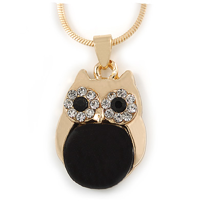 Cute Crystal Owl Pendant with Snake Type Chain In Gold Tone Metal - 42cm L/ 4cm - main view