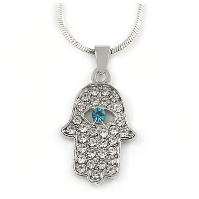 Crystal Hamsa Hand Pendant with Silver Tone Snake Type Chain - 40cm L/ 5cm Ext