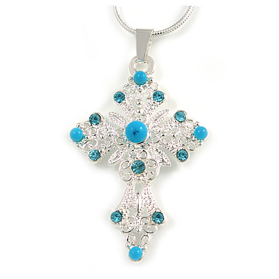 Turquoise Bead, Light Blue Crystal Filigree Cross Pendant with Silver Tone Snake Type Chain - 44cm L/ 4cm Ext