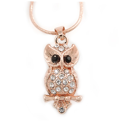 Clear/ Black Crystal Owl Pendant with Snake Type Chain In Rose Gold Tone Metal - 44cm L/ 4cm