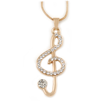 Gold Plated Clear Crystal Treble Clef Pendant with Gold Tone Snake Type Chain - 44cm L/ 3cm Ext