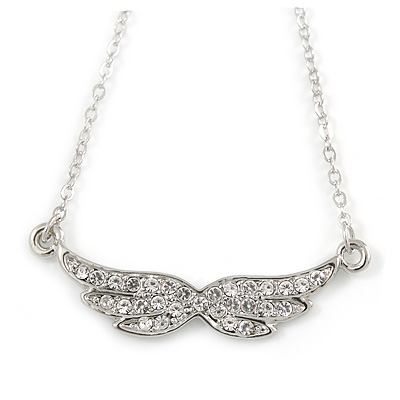Delicate Clear Crystal Wings Pendant with Silver Tone Chain - 42cm L/ 4cm Ext