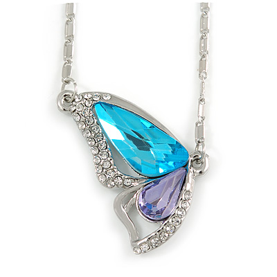 Sky Blue/ Amethyst/ Clear Crystal Butterfly Pendant wiht Silver Tone Chain - 42cm L/ 5cm Ext