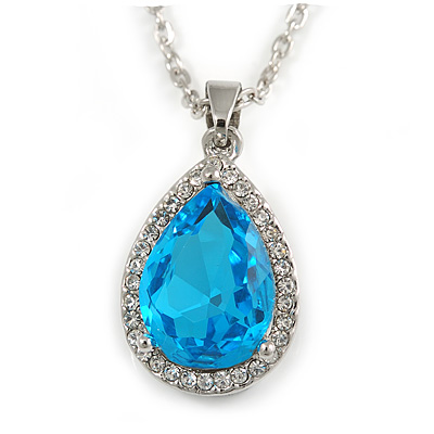 Sky Blue/ Clear Crystal Teardrop Pendant with Silver Tone Chain - 42cm L/ 5cm Ext