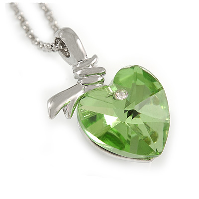 Light Green Faceted Glass Heart Shape Pendant with Silver Tone Beaded Chain - 40cm L/ 5cm Ext