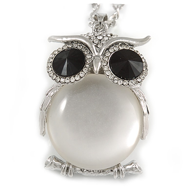 Large Crystal Owl Pendant with Chunky Chain In Silver Tone - 70cm L